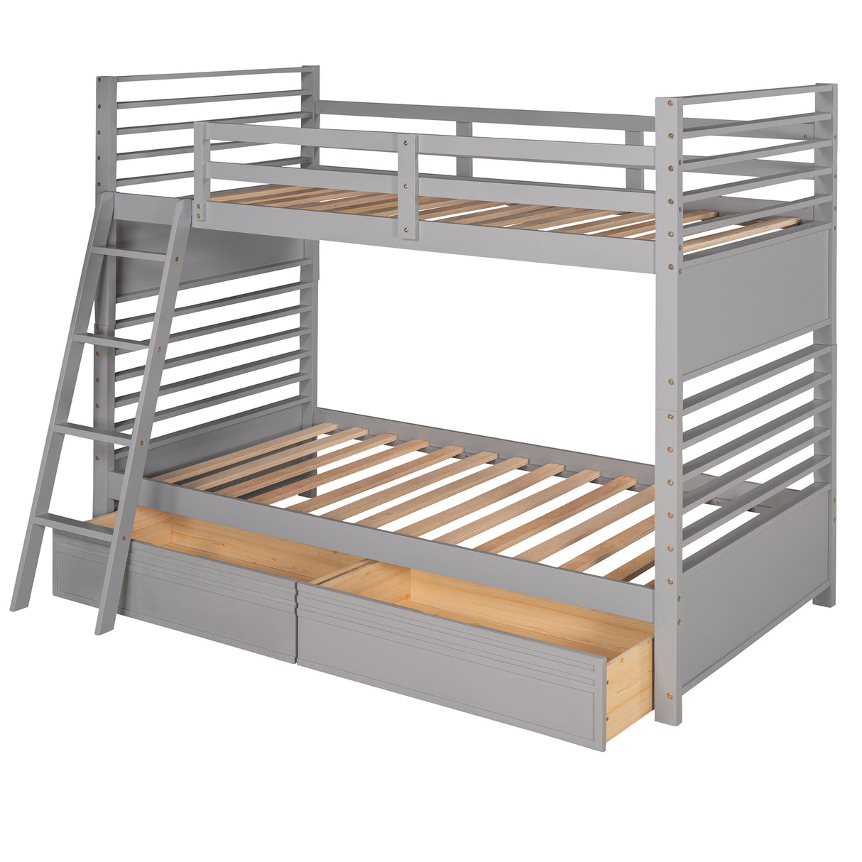 Twin over Twin Wood Bunk Bed with Two Drawers - Gray - Home Elegance USA