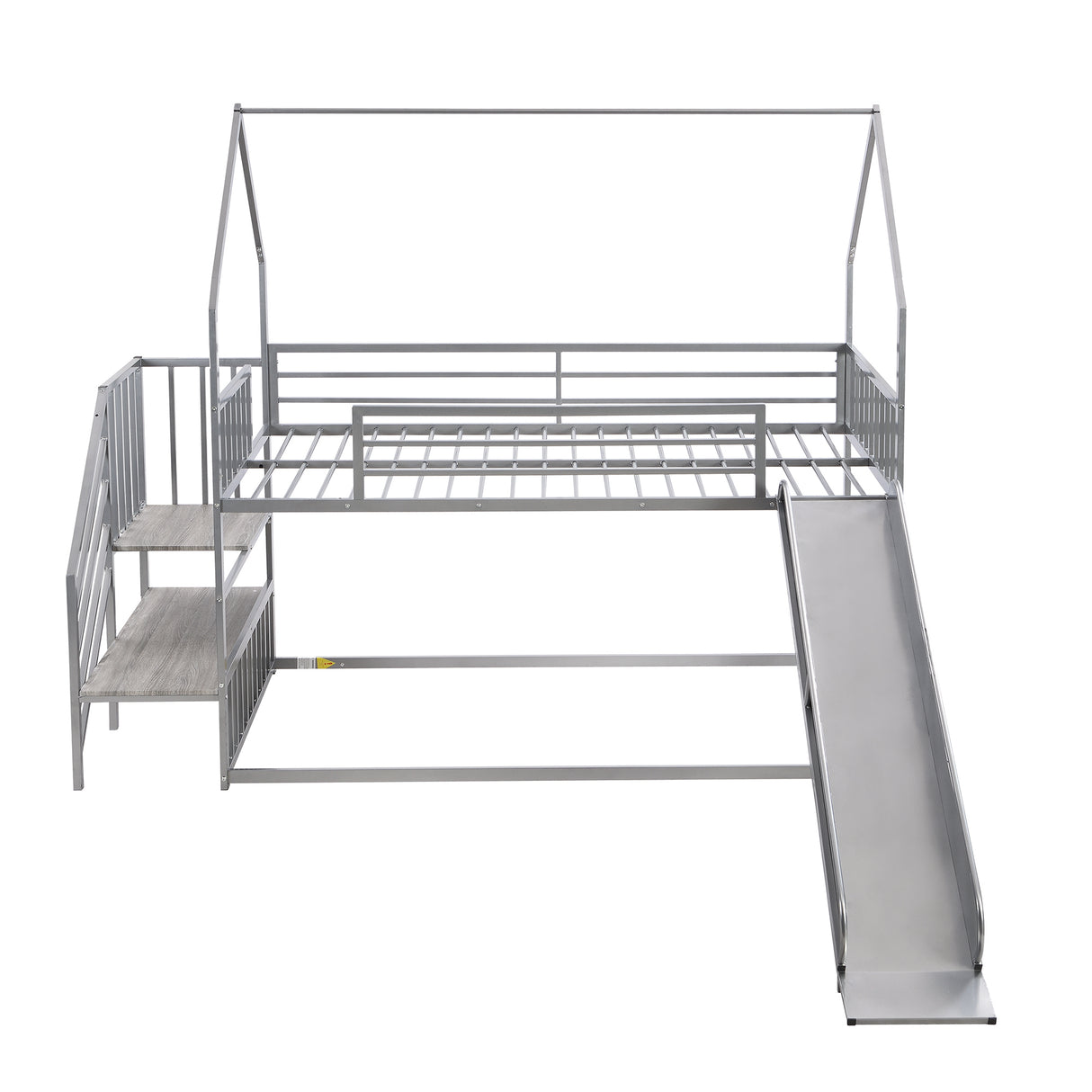 Twin over Twin Metal Bunk Bed House Bed with Slide and Staircase, Silver - Home Elegance USA