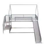 Twin over Twin Metal Bunk Bed House Bed with Slide and Staircase, Silver - Home Elegance USA