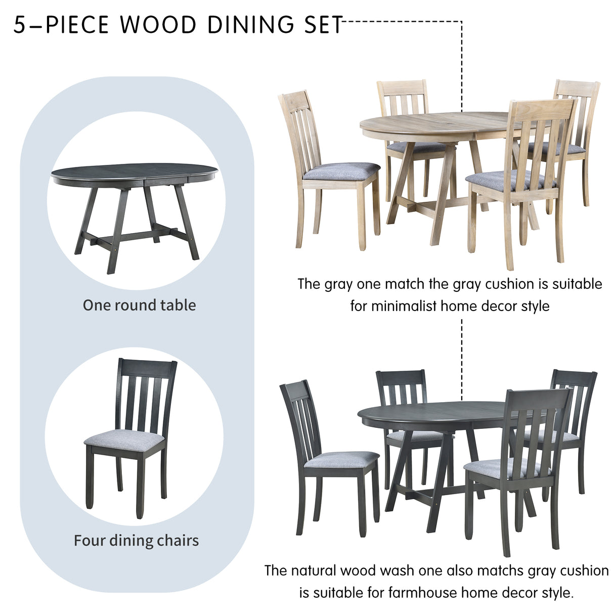 TREXM 5-Piece Wood Dining Table Set Round Extendable Dining Table with 4 Dining Chairs, Dining Room Table Set for 4 person for Dining Room (Gray) - Home Elegance USA