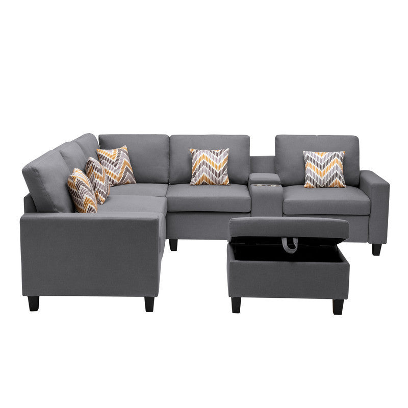 Nolan Gray Linen Fabric 7Pc Reversible Sectional Sofa with Interchangeable Legs, Pillows, Storage Ottoman, and a USB, Charging Ports, Cupholders, Storage Console Table - Home Elegance USA