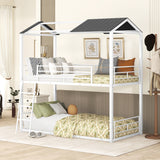 Twin Over Twin Bunk Bed Metal Bed with Half Roof, Guardrail and Ladder White - Home Elegance USA