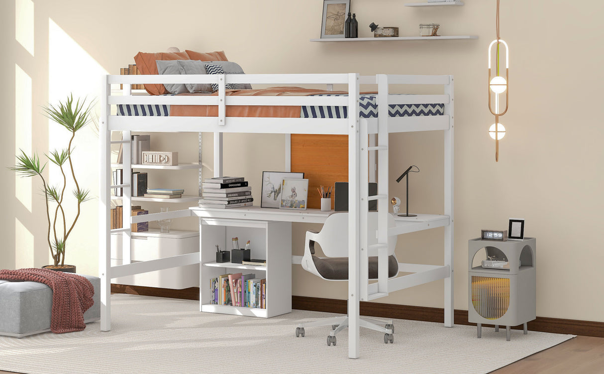 Full size Loft Bed with Desk and Writing Board, Wooden Loft Bed with Desk & 2 Drawers Cabinet- White - Home Elegance USA