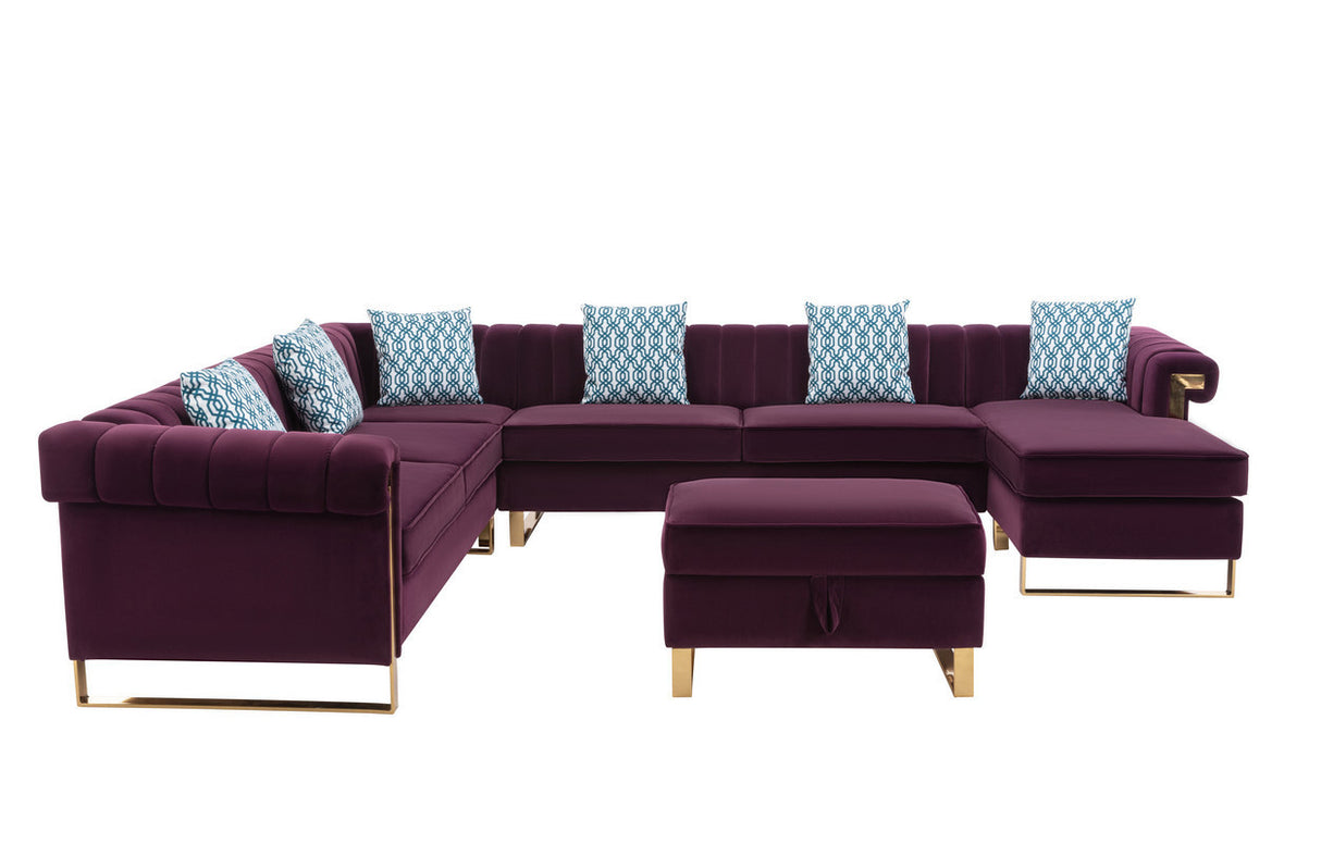 Maddie Purple Velvet 8-Seater Sectional Sofa with Reversible Chaise and Storage Ottoman - Home Elegance USA