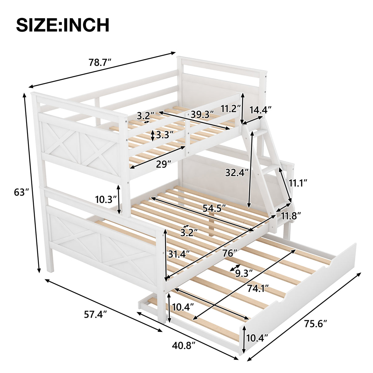 Twin over Full Bunk Bed with Ladder, Twin Size Trundle, Safety Guardrail, White - Home Elegance USA