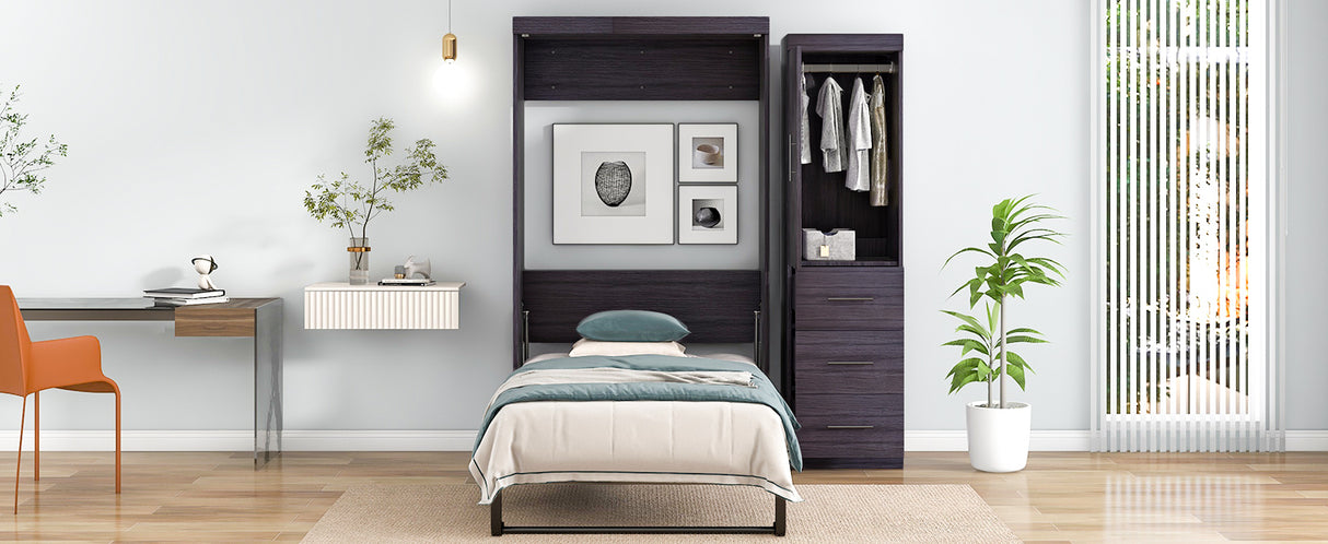 Twin Size Murphy Bed with Wardrobe and Drawers, Storage Bed, can be Folded into a Cabinet, Gray - Home Elegance USA