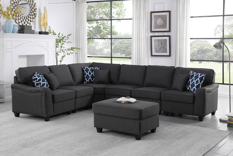 Leo Dark Gray Linen 7Pc Modular L-Shape Sectional Sofa and Ottoman - Home Elegance USA