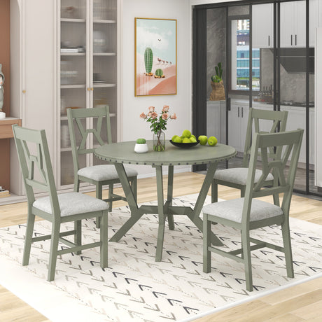TOPMAX Mid-Century 5-Piece Dining Table Set, Round Table with Cross Legs, 4 Upholstered Chairs for Small Places, Kitchen, Studio, Green - Home Elegance USA
