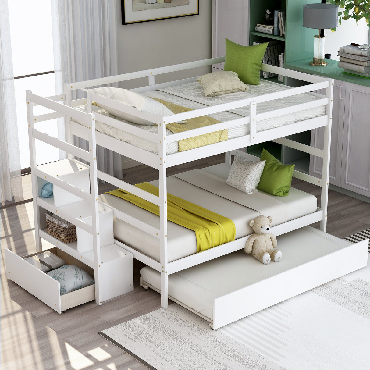 Full over Full Bunk Bed with Twin Size Trundle (White)(OLD SKU :LP000033AAK) - Home Elegance USA