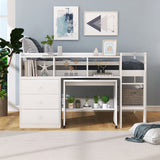 Full Size Low Loft Bed with Rolling Portable Desk, Drawers and Shelves,  White - Home Elegance USA