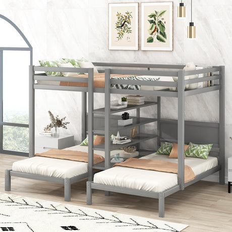 Full XL over Twin&Twin Bunk Bed with Built-in Four Shelves and Ladder,Gray - Home Elegance USA