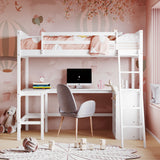 Twin size Loft Bed with Shelves and Desk, Wooden Loft Bed with Desk - White(OLD SKU:LT000537AAK) - Home Elegance USA