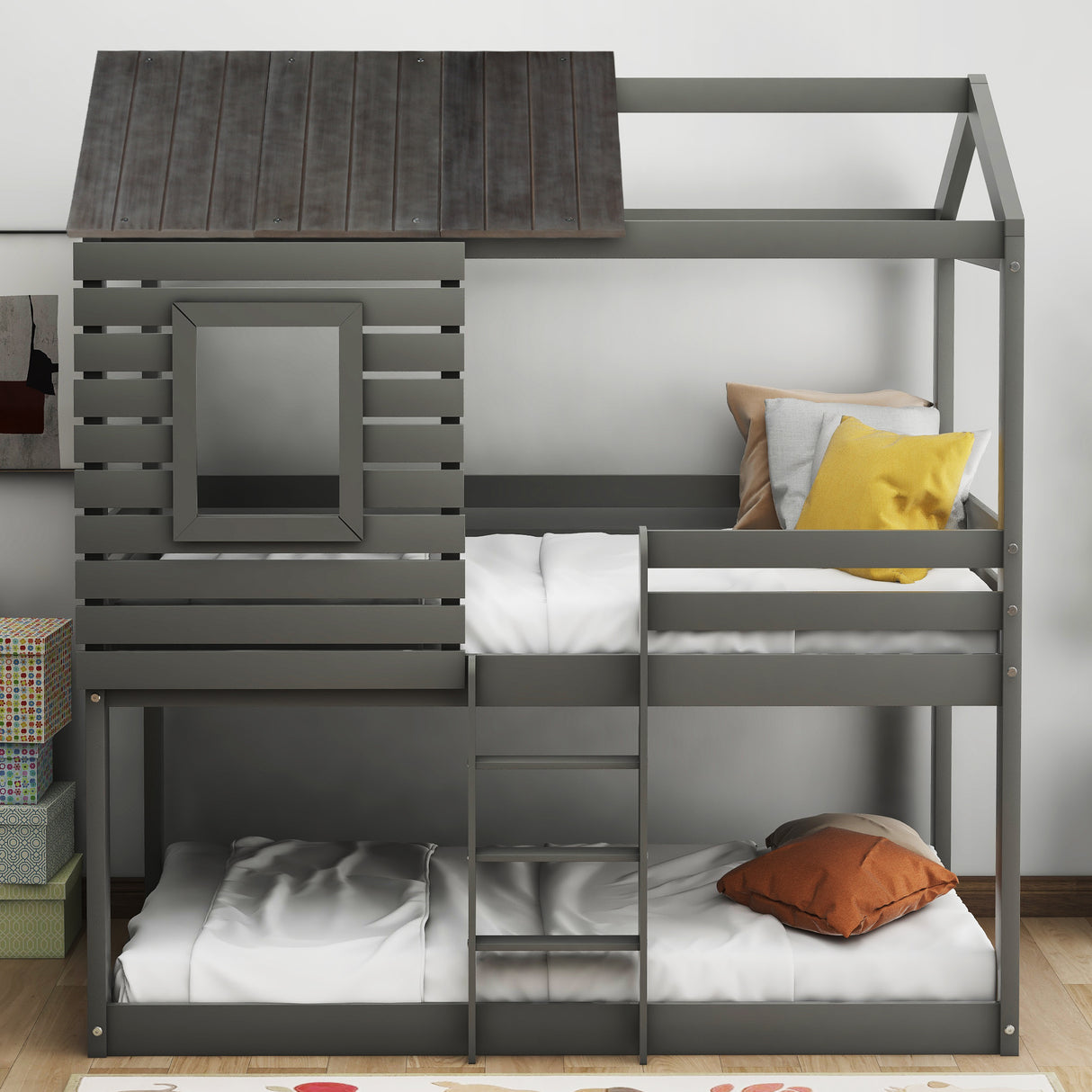 Twin Over Twin Bunk Bed Wood Loft Bed with Roof, Window, Guardrail, Ladder (Gray)(OLD SKU: LP000088AAN) - Home Elegance USA