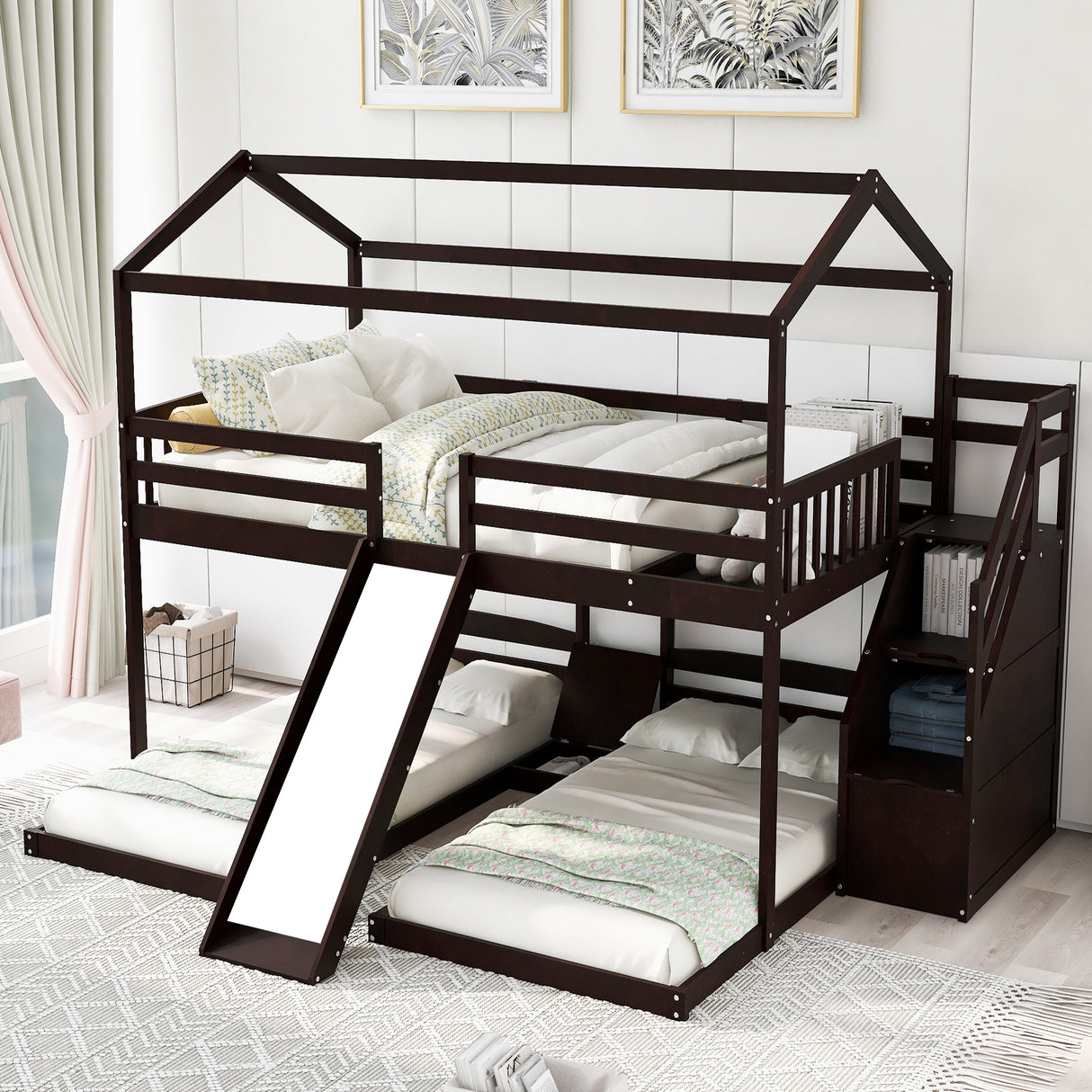 Full over Twin & Twin Bunk Bed,with Slide and Storage Staircase,Built-in Drawer and Shelf,Espresso - Home Elegance USA