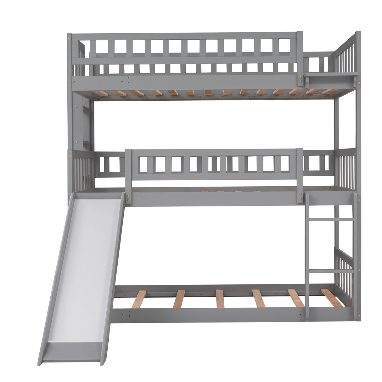 Twin-Over-Twin-Over-Twin Triple Bed with Built-in Ladder and Slide, Triple Bunk Bed with Guardrails, Gray(OLD SKU: LP000051AAE) - Home Elegance USA