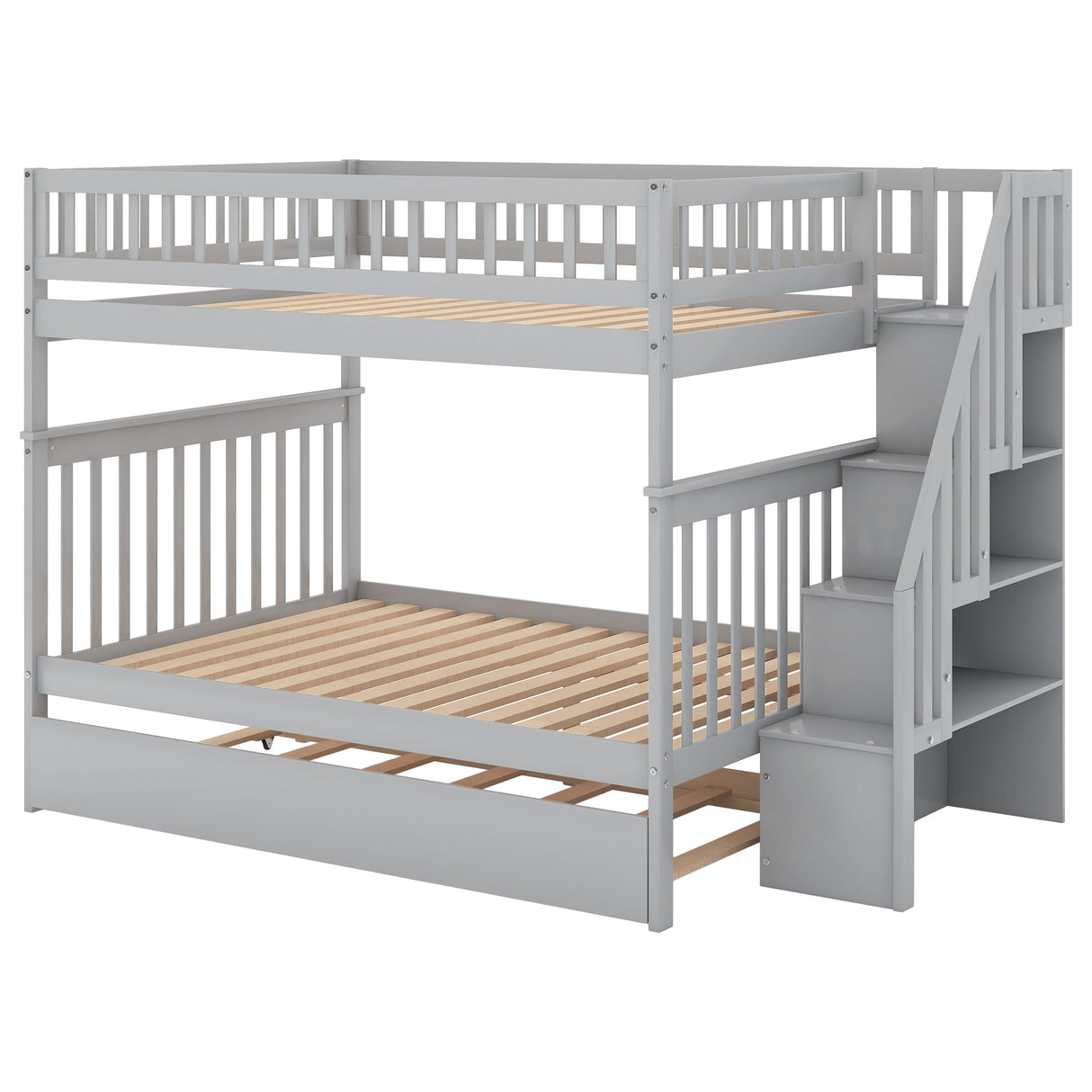 Full over Full Bunk Bed with Trundle and Staircase,Gray - Home Elegance USA