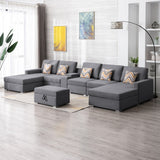 Nolan Gray Linen Fabric 7Pc Double Chaise Sectional Sofa with Interchangeable Legs, Storage Ottoman, Pillows, and a USB, Charging Ports, Cupholders, Storage Console Table - Home Elegance USA