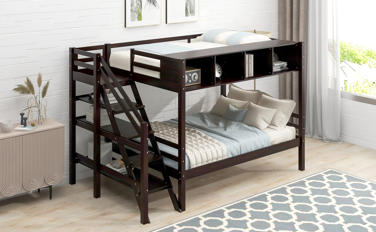 Twin over Full Bunk Bed with Staircase and Built-in Storage Cabinets,Espresso - Home Elegance USA