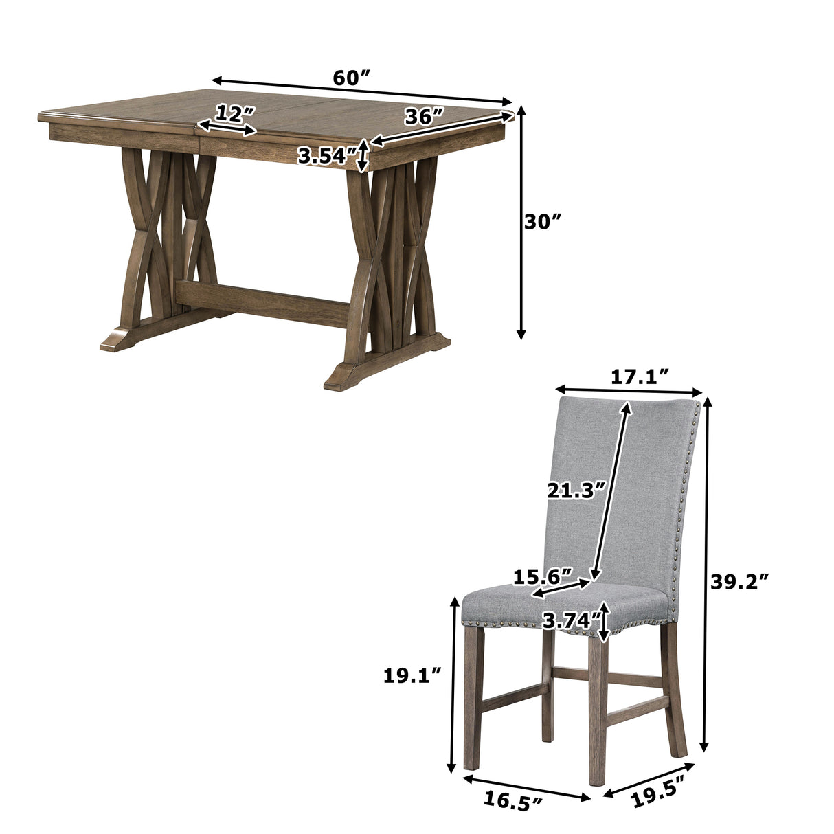 TOPMAX Mid-Century Solid Wood 7-Piece Dining Table Set Extendable Kitchen Table Set with Upholstered Chairs and 12" Leaf for 6, Golden Brown+Gray Cushion - Home Elegance USA