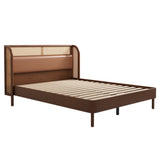 Modern Cannage Rattan Wood Platform Queen Bed, Walnut