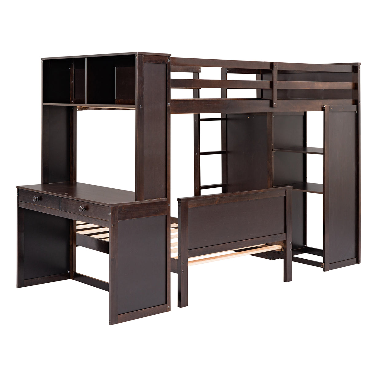 Twin size Loft Bed with a Stand-alone bed, Shelves,Desk,and Wardrobe-Espresso - Home Elegance USA