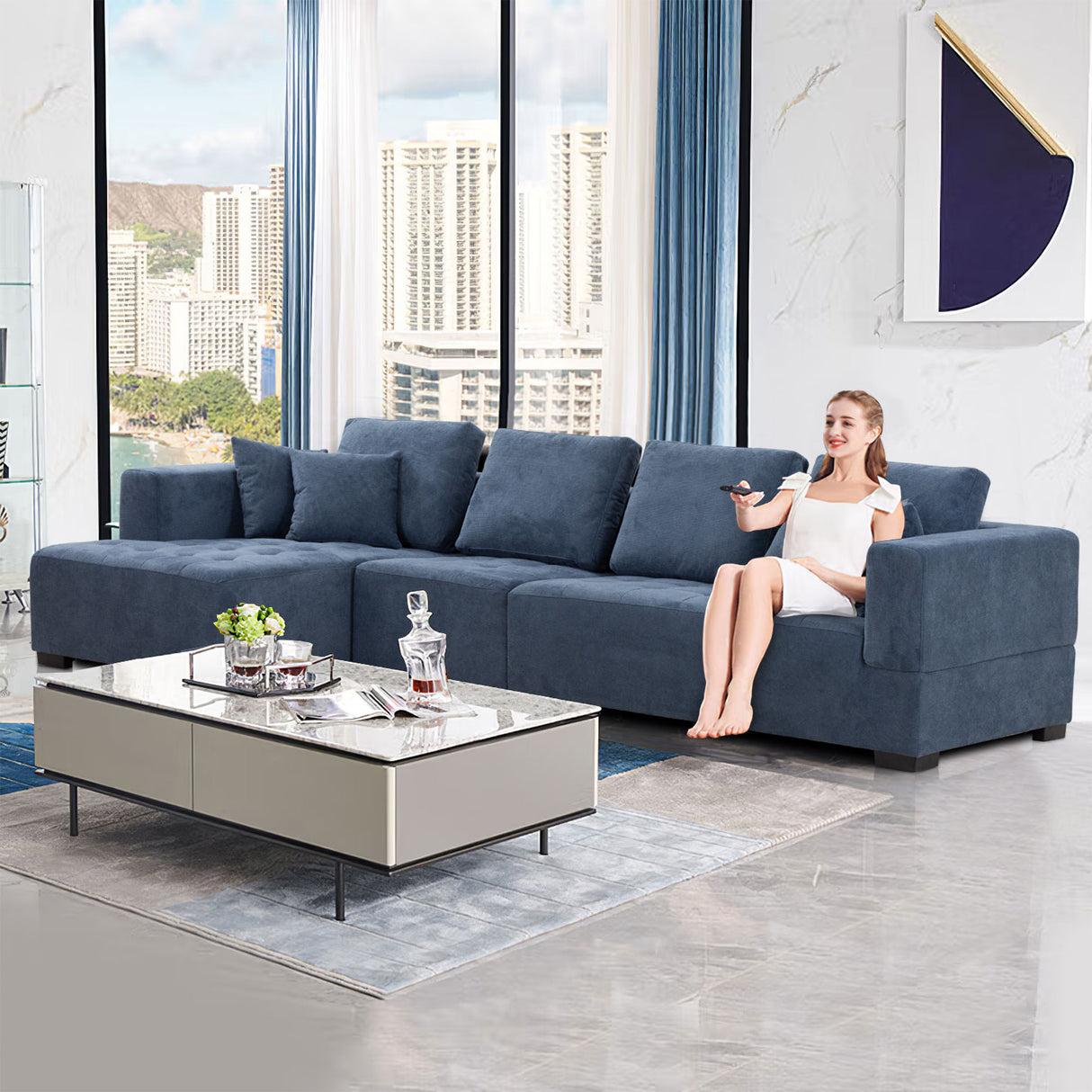 134'' Mid Century Modern Sofa with Left Chaise for Living Room Sofa, BLUE - W876S00052 - image - 3