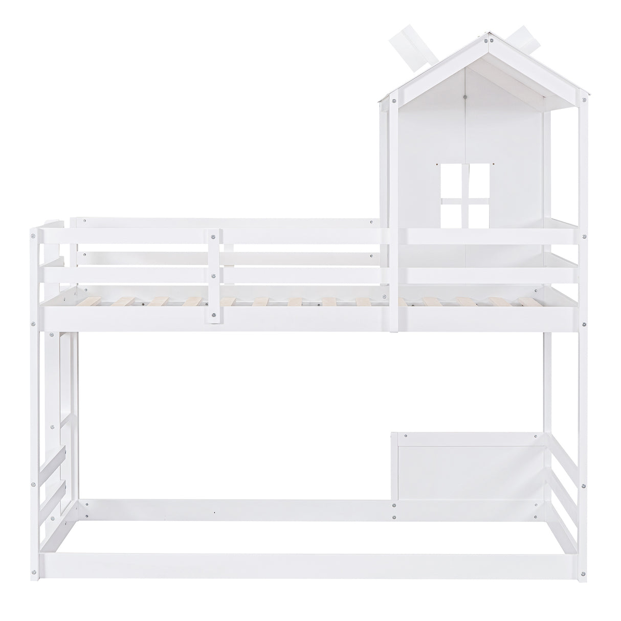 Twin over Twin Bunk Bed with Roof and Window, with Guardrails and Ladder, White - Home Elegance USA