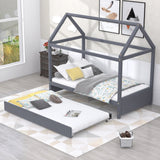 Twin Size Upholstered House Platform Bed with Trundle,Grey - Home Elegance USA