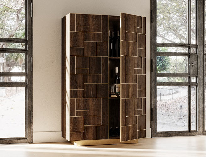 Vig Furniture Modrest Auer- Brown Oak & Gold Wine Rack Cabinet