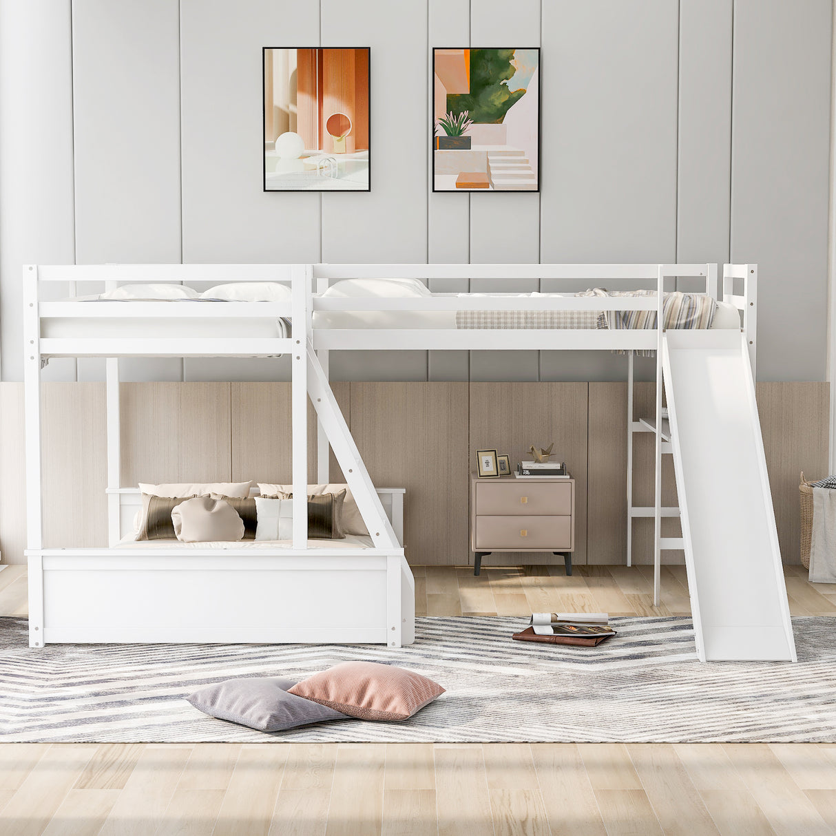 Twin over Full Bunk Bed with Twin Size Loft Bed with Desk and Slide,Full-Length Guardrail, White - Home Elegance USA