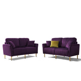 2 - Piece Velvet Upholstered Living Room Sofa Set, Including 2 Pieces 2 - Seater Sofa with Channel Tufted and Revsible Pillows, Free Self Fabric Pillow Included, Purple | Home Elegance USA