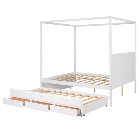 Queen Size Canopy Platform Bed with Twin Size Trundle and Three Storage Drawers,White - Home Elegance USA