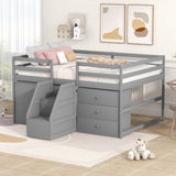 Full Size Functional Loft Bed with Cabinets and Drawers, Hanging Clothes at the back of the Staircase, Gray - Home Elegance USA