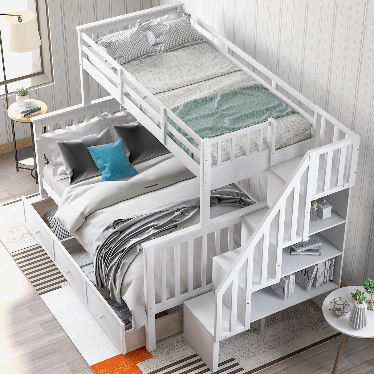 Stairway Twin-Over-Full Bunk Bed with Drawer, Storage and Guard Rail for Bedroom, Dorm, for Adults, White color(OLD SKU :LP000219AAK) - Home Elegance USA