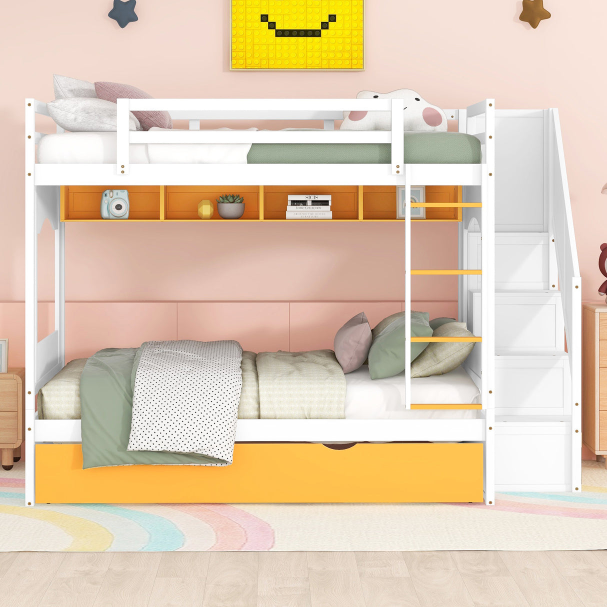 Full Over Full Bunk Bed with Trundle ,Stairs,Ladders Solid Wood Bunk bed with Storage Cabinet （White + Yellow） - Home Elegance USA