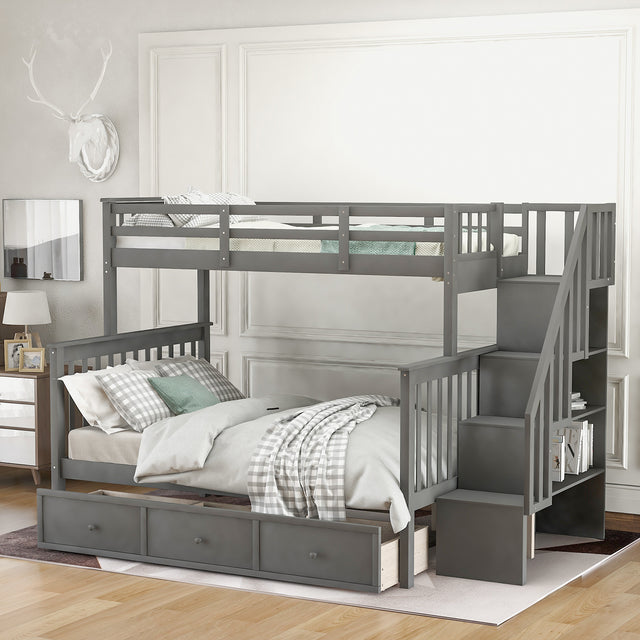 Stairway Twin-Over-Full Bunk Bed with Drawer, Storage and Guard Rail for Bedroom, Dorm, for Adults, Gray color(Old SKU: LP000219AAE) Home Elegance USA