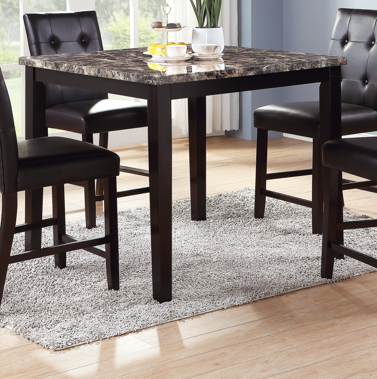 Contemporary Counter Height Dining 5pc Set Table w 4x Chairs Brown Finish Birch Faux Marble Table Top Tufted Chairs Cushions Kitchen Dining Room Furniture Dinette - Home Elegance USA