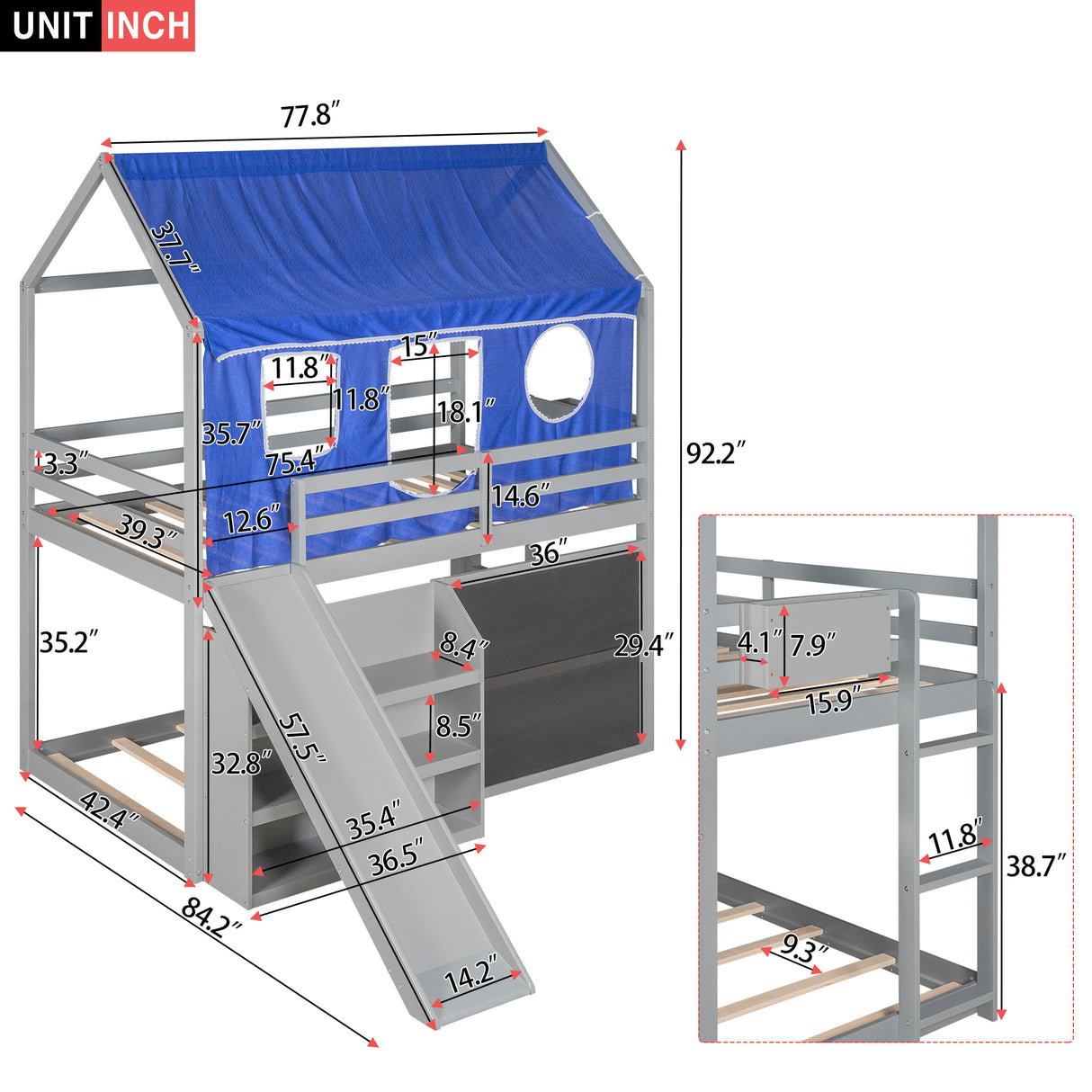 Twin over Twin House Bunk Bed with Blue Tent, Slide, Shelves and Blackboard, Gray - Home Elegance USA