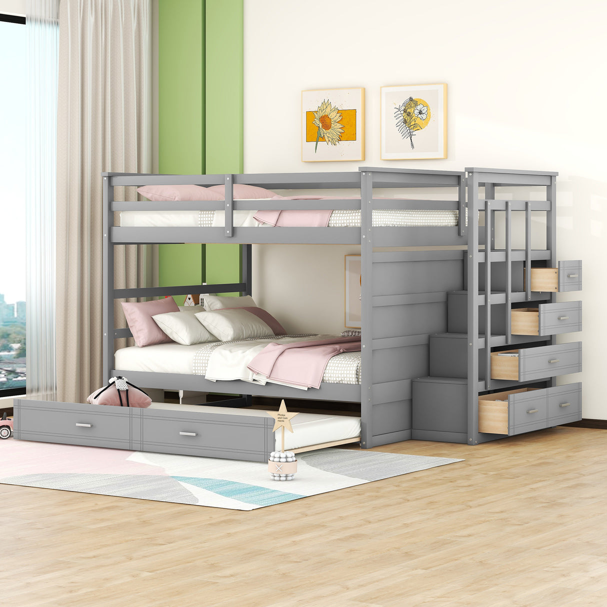 Full Over Full Bunk Bed with Twin Size Trundle and Staircase, Gray - Home Elegance USA