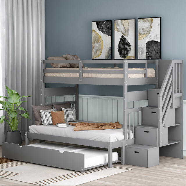 Twin over Twin/Full Bunk Bed with Twin Size Trundle (Gray)(OLD SKU :LP000025AAE) - Home Elegance USA