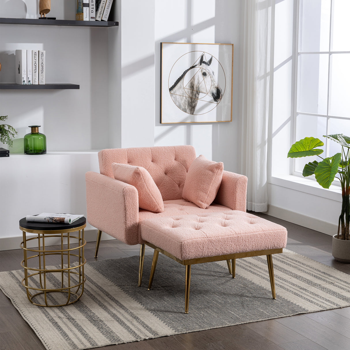 36.61'' Wide Modern Accent Chair With 3 Positions Adjustable Backrest, Tufted Chaise Lounge Chair, Single Recliner Armchair With Ottoman And Gold Legs For Living Room, Bedroom (Pink) - Home Elegance USA