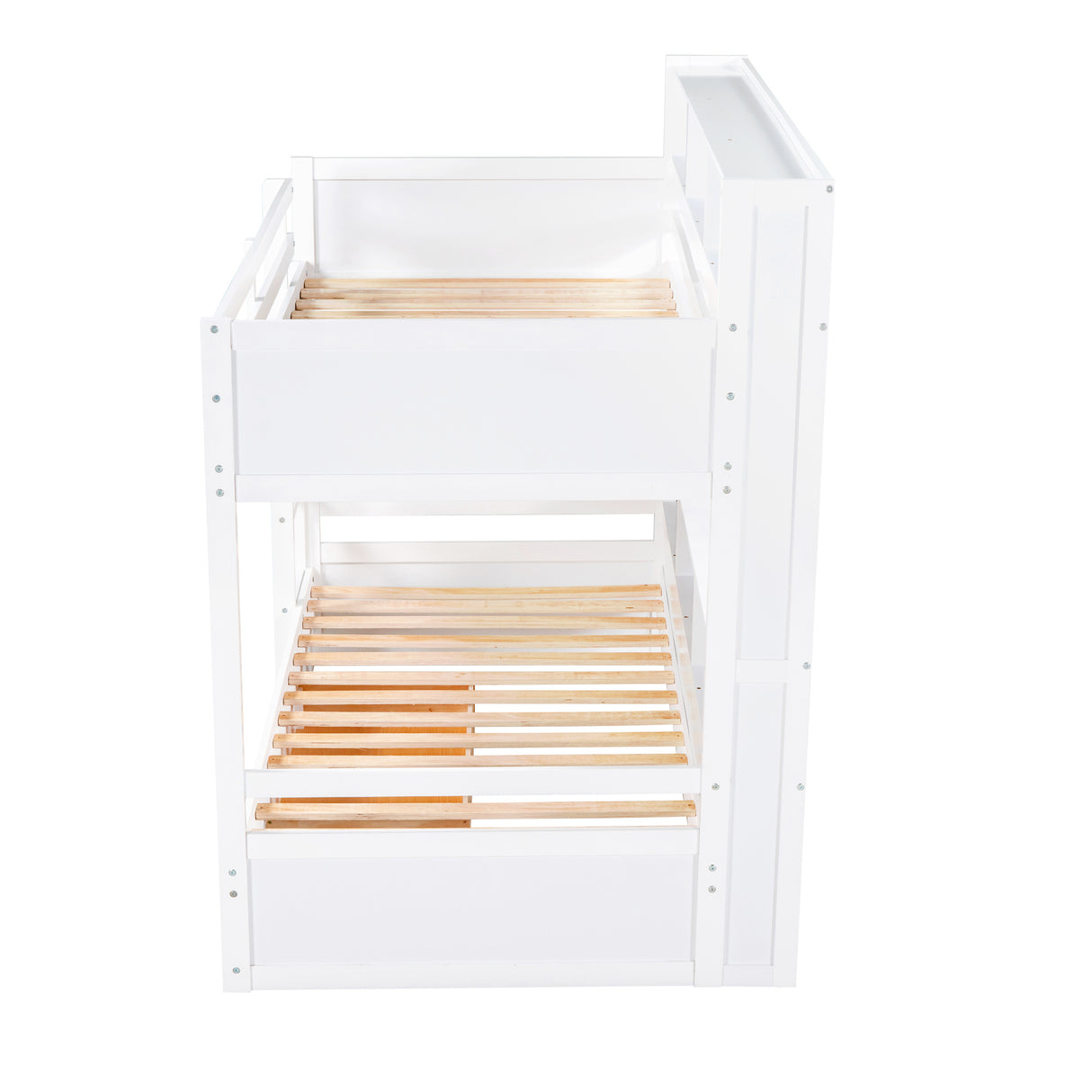 Twin Size Bunk Bed with Built-in Shelves Beside both Upper and Down Bed and Storage Drawer,White - Home Elegance USA