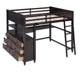 Full size Loft Bed with Drawers and Desk, Wooden Loft Bed with Shelves - Espresso(OLD SKU:LT000529AAP) Home Elegance USA