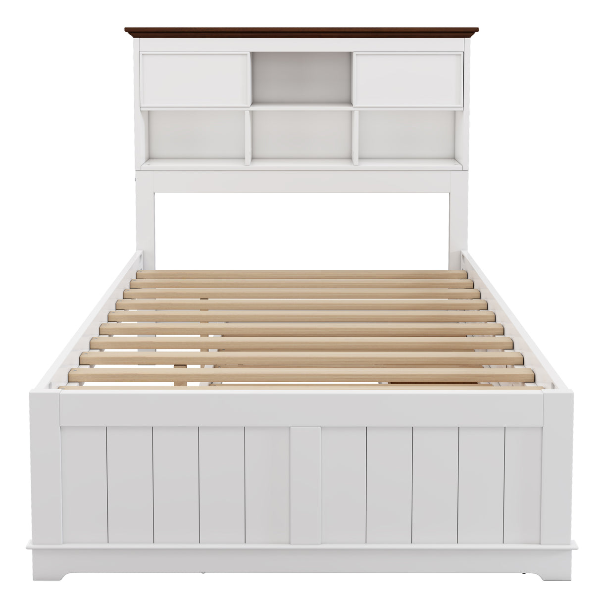 Solid Pine Captain Bookcase Bed with Trundle Bed and 3 Spacious Under Bed Drawers in Casual,Full, White+Walnut - Home Elegance USA