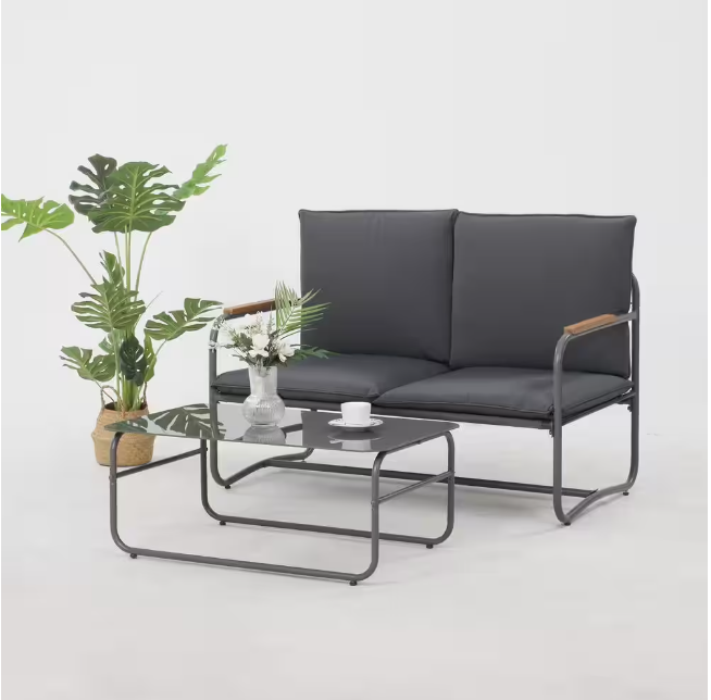 Outdoor Deep Seating Conversation Sofa Set, 4-Pieces Patio Metal Furniture with Dark Gray Cushions