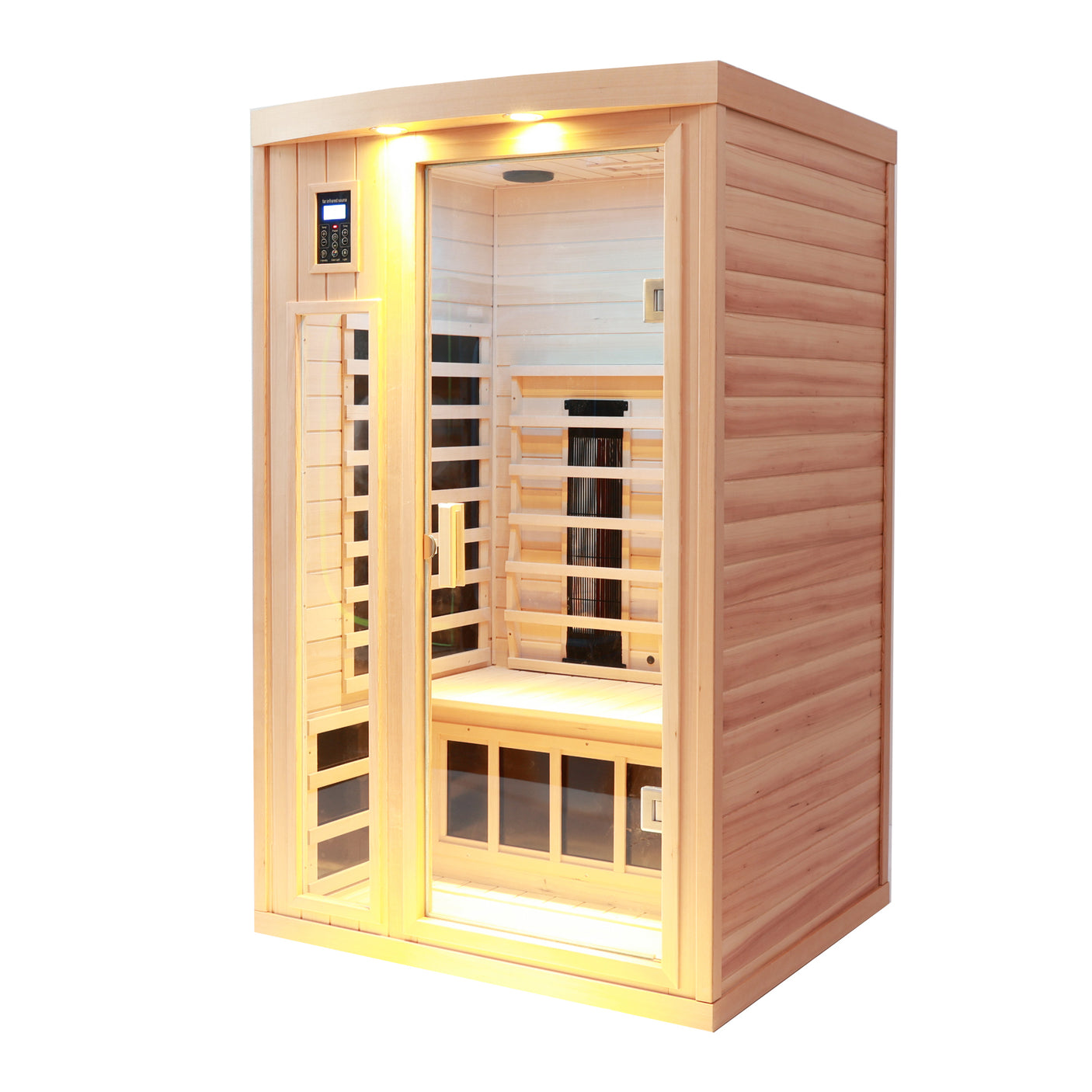 Two-person hemlock far-infrared heating sauna with reading lights + colored lights + Bluetooth + external lights