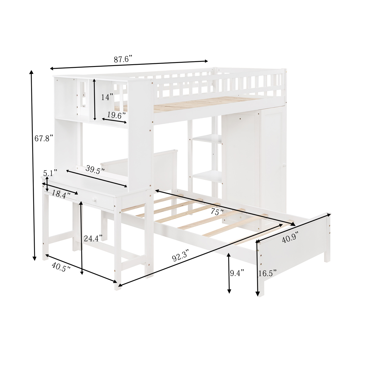 Twin Size Loft Bed with Closet and Desk, Extra Bottom Twin Bed, White - Home Elegance USA