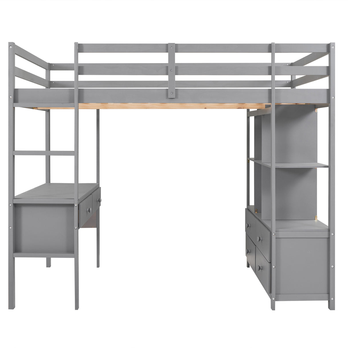 Full Size Loft Bed with Built-in Desk with Two Drawers, and Storage Shelves and Drawers,Gray - Home Elegance USA