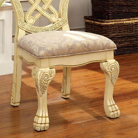 Formal Majestic Traditional Dining Chairs Vintage White Solid wood Fabric Seat Intricate Carved Details Set of 2 Side Chairs - Home Elegance USA