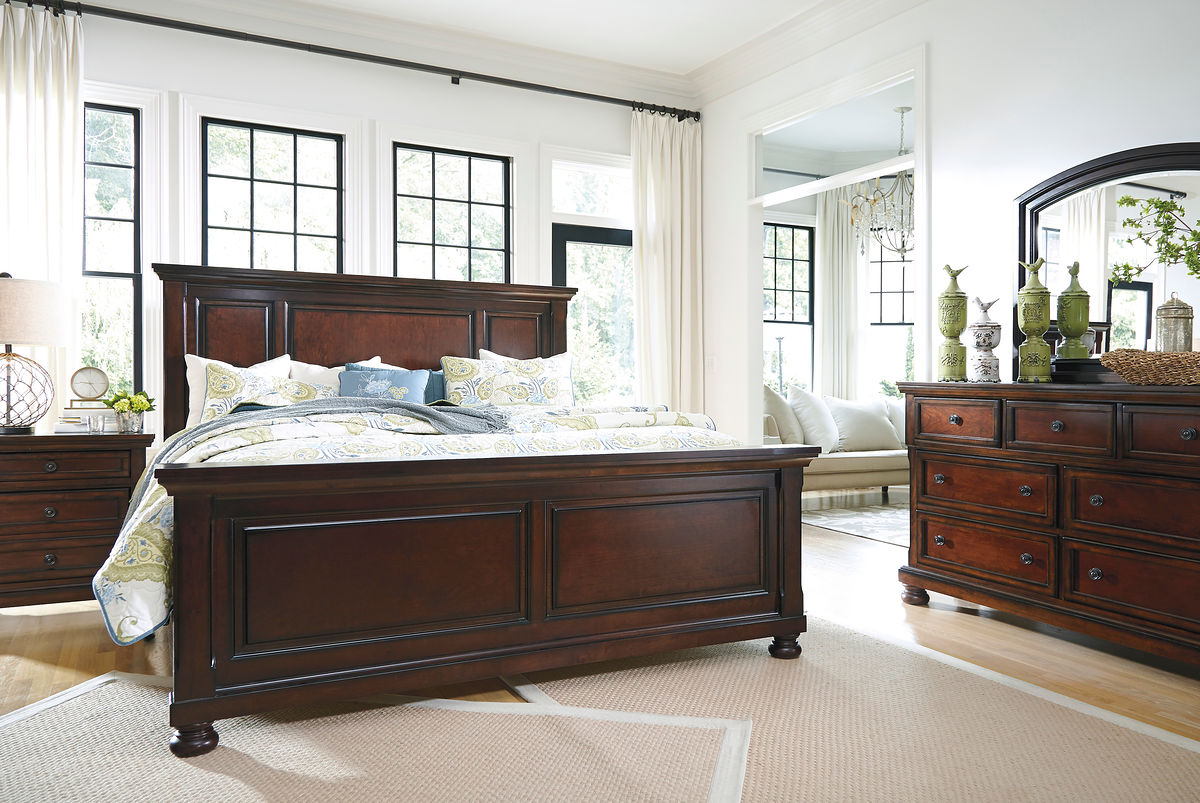 Porter - Rustic Brown - 7 Pc. - Dresser, Mirror, Chest, King Panel Bed, Nightstand - Home Elegance USA